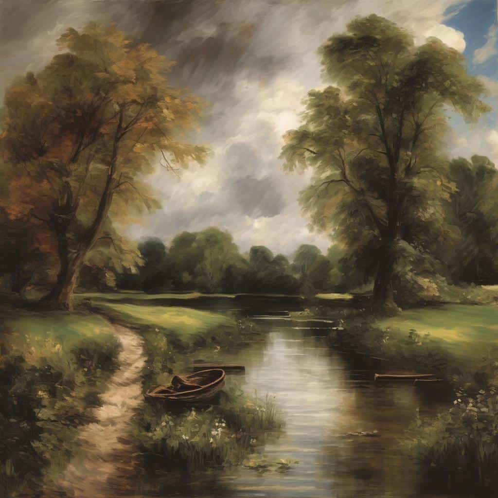 Οπτική έκφραση υπαρξιακής αναζήτησης σε φυσικό τοπίο με ποταμό και δέντρα, συμβολισμός εσωτερικής εξερεύνησης και αυτοανακάλυψης.