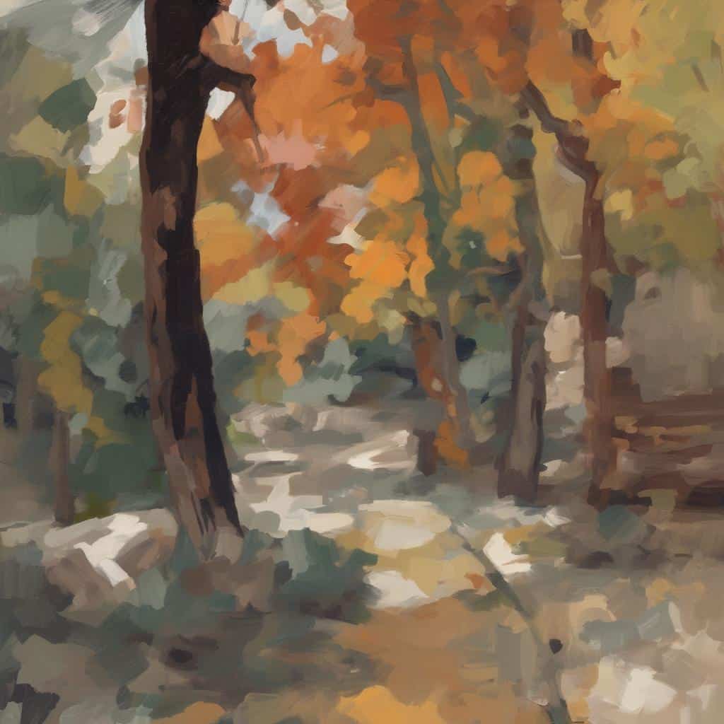 όμορφο δάσος φθινοπώρια, αποχρώσεις του πορτοκαλί και καφέ, καλλιτεχνική απεικόνιση φυσικής ομορφιάς, πνευματική και υπαρξιακή έκφραση, εικόνα μεμβουργική τέχνη.