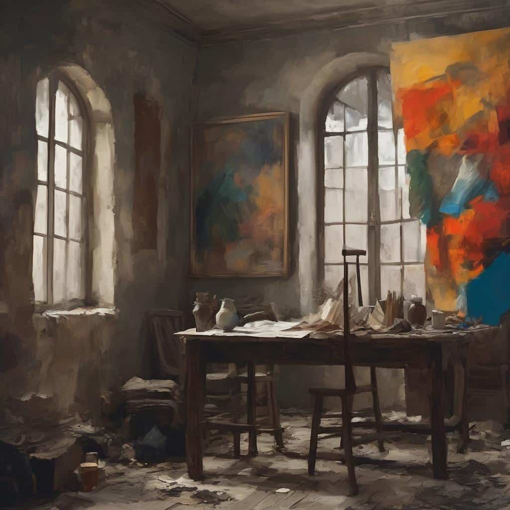 Αρχαίο άδειο δωμάτιο με τέχνη και παράθυρα σε αποπνικτική ατμόσφαιρα, εκφράζοντας υπαρξιακή αναζήτηση και εσωτερική αναστοχαστική εξέλιξη.