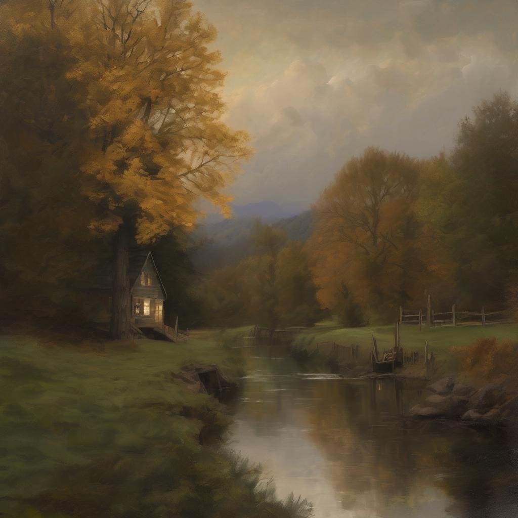 Χαρακτικό τοπίο φθινοπωρινής φύσης με ποταμό και παλαιά καλύβα, συμβολίζει την υπαρξιακή αναζήτηση και την οπτική έκφραση.