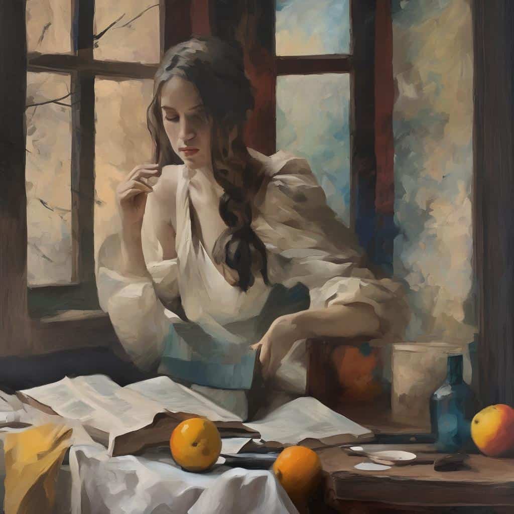 Μοντέρνα πίνακας με νεαρή γυναίκα διαβάζοντας στο παράθυρο, συμβολίζει την υπαρξιακή αναζήτηση και την έκφραση της όρασης.