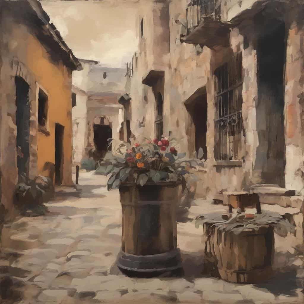 Λουλούδια σε γλάστρα σε παραδοσιακό σοκάκι, εκφραστική τέχνη και υπαρξιακή αναζήτηση.